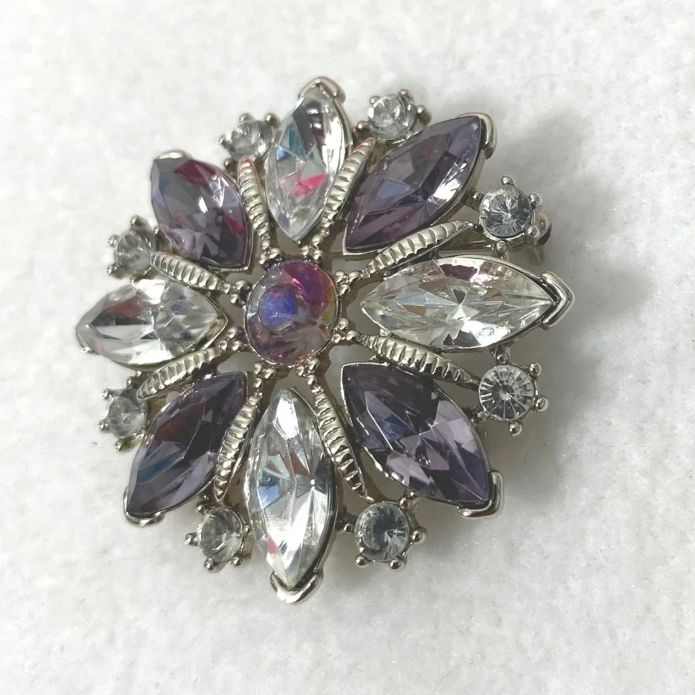 Womens Starburst Brooch Purple Clear Rhinestone Silver Tone Pendant for Necklace